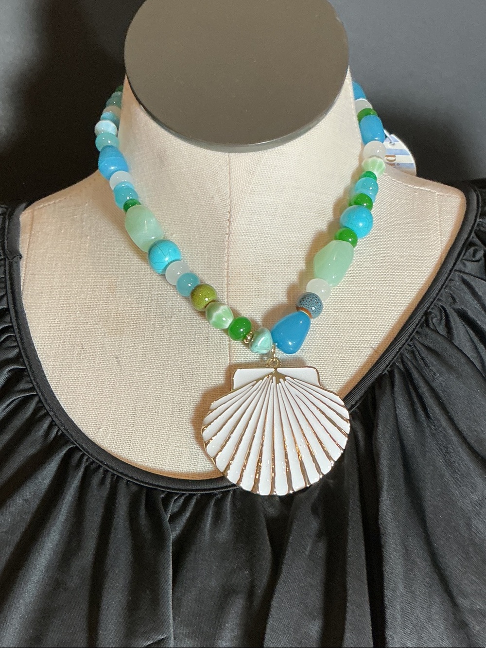 Coastal Bead Necklace with White Shell Pendant - Turquoise & Green